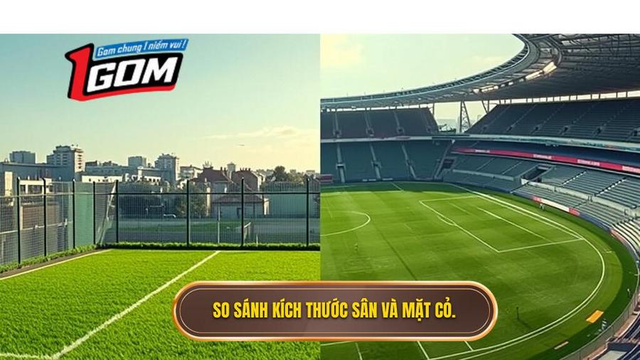 1. So sánh kích thước sân và mặt cỏ.